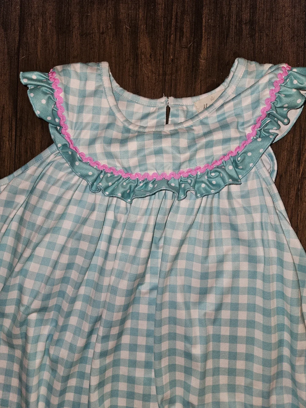 Girls' Teal Gingham Flamingo Nightgown with Pink Trim